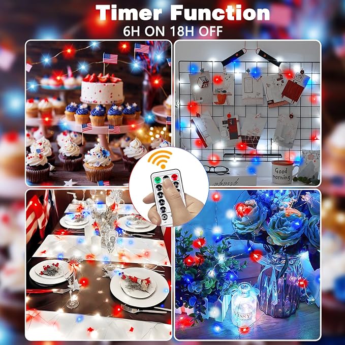 4th of July Decor 3 Pack Fairy Light Battery Operated Remote Red White Blue | Each 26FT 80LED, 8 Modes & Timer, Waterproof Wire, Patriotic Twinkle String Light for Independence Memorial Veteran Day Decor