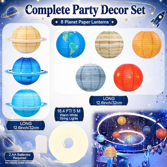 VioraWhite 9 Pcs Space Celing Decoration for Classroom 8 Paper Lanterns with 16.4 ft Battery String Light Outer Space Themed Hanging Party Decoration Solar System for Back to School Classroom Room