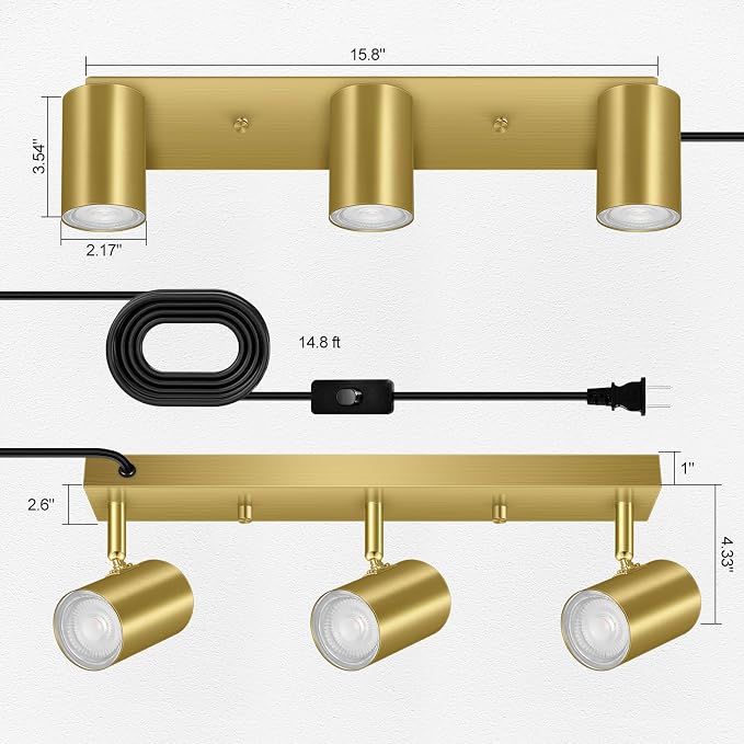 Plug-in Track Light Fixtures Ceiling Kit, 3 Head Track Lighting with 15ft Power Cord, GU10 Base 35W Max, Adjustable Spotlight for Kitchen, Bedroom, Office, Hallway, Gold Finish