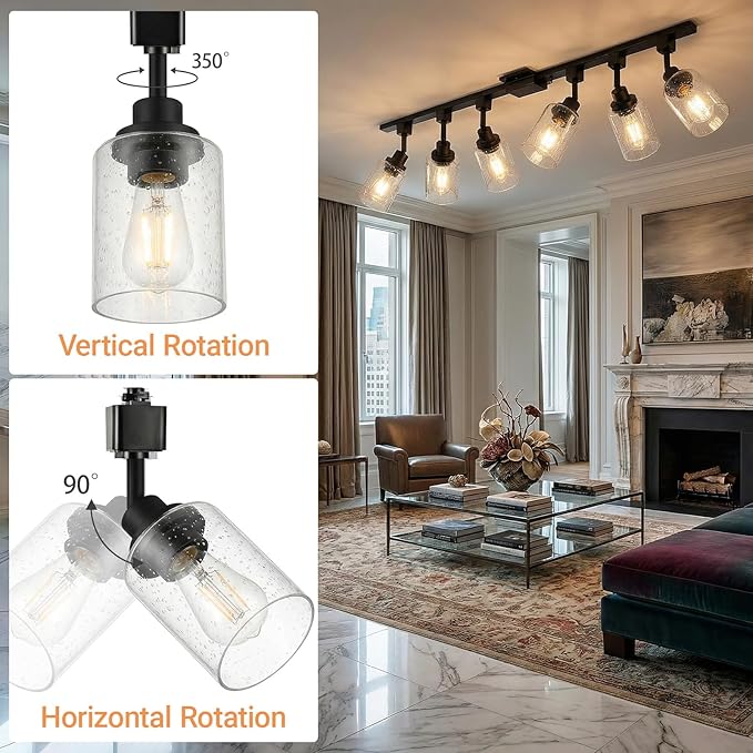 LOUSACE 6-Pack H Type Track Lighting Heads, Black Ceiling Track Lighting Fixtures with Seeded Glass Shade, E26 Track Lighting Replacement Heads for Accent Retail Kitchen Island Lighting