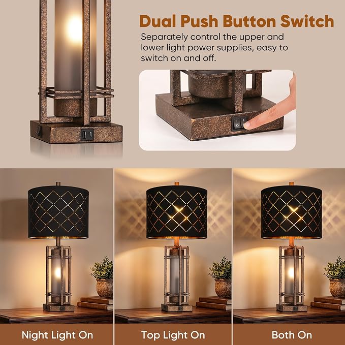 WIHTU Vintage Finish Table Lamp Set of 2 with USB Ports, Metal Desk Lamps | Black Grid Shade, Square Base, LED Bulbs Included E26 Base, with USB Port, Rocker Switch, Desk Lamps for Living Room, Bedroom