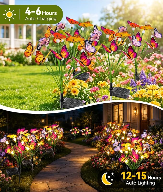 Solar Butterfly Garden Lights, 2 Pack 16 Swaying Butterflies | Lifelike Silk Wings on Wire Stems, For Yard, Patio, Pathway & Lawn, IP65 Waterproof Outdoor, Flutters in Any Breeze