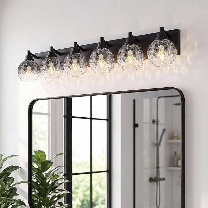 6-Light Black Bathroom Vanity Light, Hammered Glass Globe Shade | 38 Inch matte black modern bathroom light fixture over mirror, UL listed, E26 bulbs, hardwired, upward only, VL200-MB-CL-6