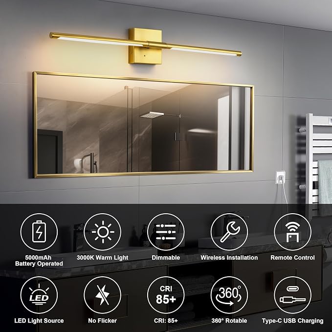 Morauroral Painted Gold Battery Operated Wall Sconces with Remote Control, Rechargeable Wall Sconces Set of 2, LED Sconces Wall Lighting, Wireless Wall Lights for Bedroom, Living Room, Background Wall