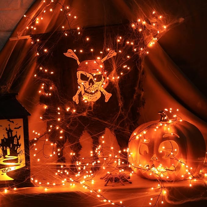 Halloween Fairy Lights Plug in, String Lights for Halloween Decorations | 10FT 200LEDs, 1 Pack with Remote, Orange, Waterproof Firecracker Lights for Ceiling Window Bar Haunted Theme Halloween Decor