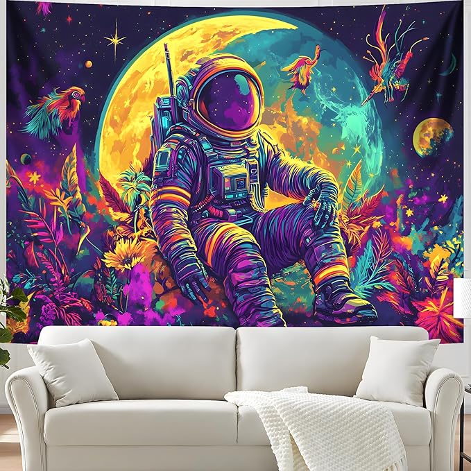 BVBOX Blacklight Space Astronaut Tapestry UV Reactive Galaxy Planet Glow in Dark Tapestries Black Light Poster Neon Wall Hanging Art for bedroom Living Room (Astronaut & Moon-3M)