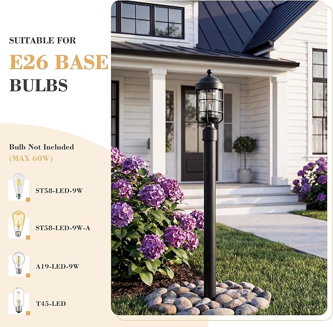 Emliviar Dusk to Dawn 14.4 Inch Black Pillar Light Fixtures, 2 Pack Porch Lamp Post Lanterns with Clear Tempered Glass, Pathway Lighting with Photocell Sensor, GE255P-L-PC-2 BK