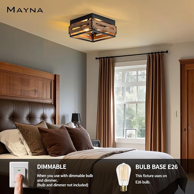 MAYNA Farmhouse Ceiling Light, 2-Light Rustic Flush Mount Ceiling Light with Metal and Wood, Farmhouse Hallway Light Fixtures for Kitchen Entryway Bedroom Dining Room