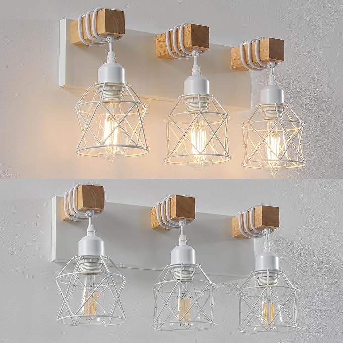 Farmhouse Vanity Light Fixture,3-Light Bathroom Lighting,White Modern Wood Wall Light Over Mirror with Metal Shade,Bulbs NOT Included