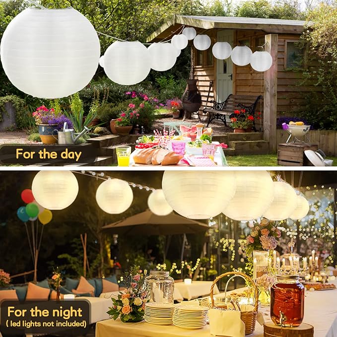 KNONEW 20 Pack 10" White Silk Outdoor Lanterns Decorative Party Hanging Chinese Japanese Waterprooof Round Lantern for Weddings, Birthdays, Parties Decoration (No Light Bulbs Included)