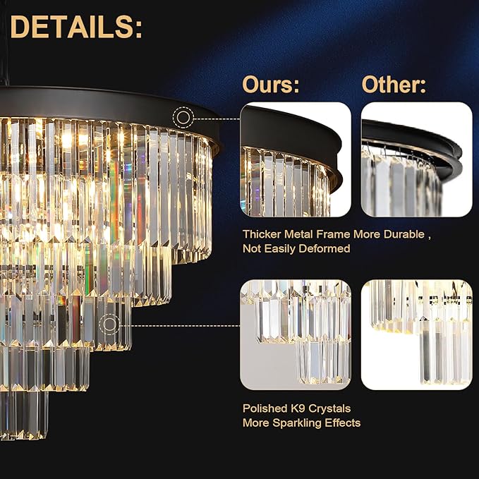 Large Crystal Chandelier Modern Black 30" Round Chandeliers for Staircase K9 5-Tier Large Ceiling Pendant Light Fixtures Luxury Chandelier for High Ceiling Foyer Living Room Bedroom