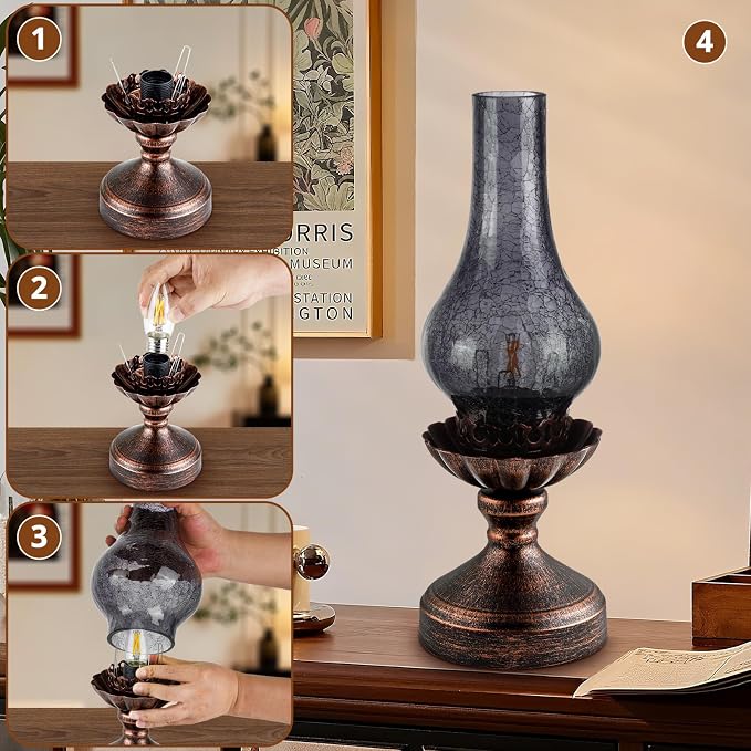 Vintage Table Lamp with Smoke Grey Crackle Glass Shade,Touch Control & 3-Way Dimmable Rustic Retro Farmhouse Bedside Lamp for Bedroom, Living Room, Cabin, Office (2700K LED Candle Bulb Included)
