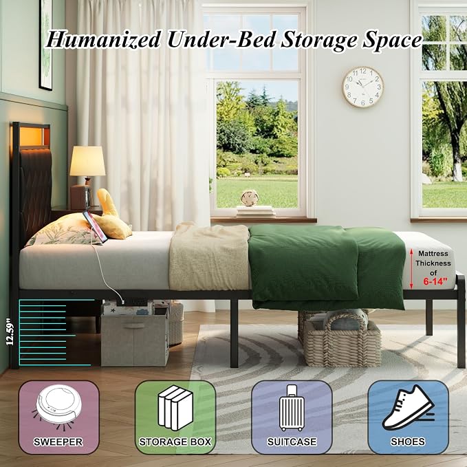 Twin Bed Frame with Charging Station, LED Light and PU Leather Upholstered Headboard, Platform Bed Frame with Under-Bed Storage, Easy Assembly, Noise Free, No Box Spring Needed, Black