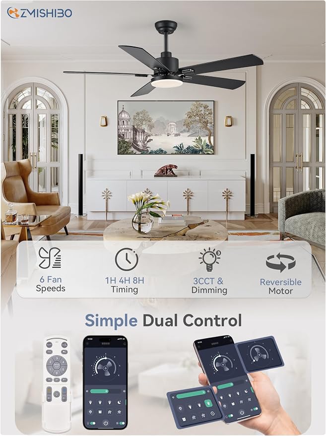 ZMISHIBO 2 Pack 52" Ceiling Fan with Light and Remote, Black Modern Indoor | 24W 2400LM Bright LED, 3CCT, Dimmable, App Control, Farmhouse Dual Finish Blades, Quiet&Strong Motor for Bedroom, Living Room