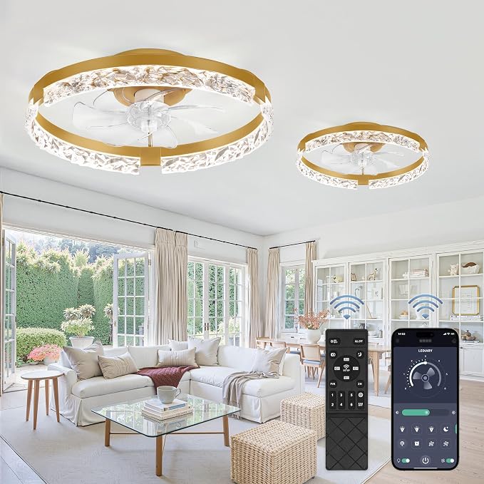 LEDIARY 2 Pack 20" Modern Ceiling Fans with Lights and Remote, Gold | Fandelier, Dimmable Low Profile, Flush Mount, Stepless Color Temperature Change, 6 Speeds, Bedroom, Living Room, Kitchen