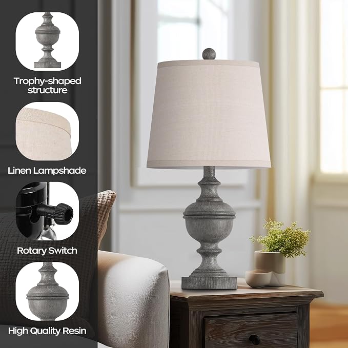 Retro Table Lamps Set of 2, Bedside Lamp for Bedroom Rustic Farmhouse Table Lamps for Living Room, Vintage Nightstand Lamps with White Shades, Grey