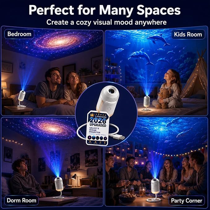 2027 Upgraded Hd Smart Dynamic 5d Holographic Night Light Projector - Plug and Play Hd Star Projector, 360° Adjustable Hd Galaxy and Ocean Projector for Bedroom Ceiling，6 Projection Films