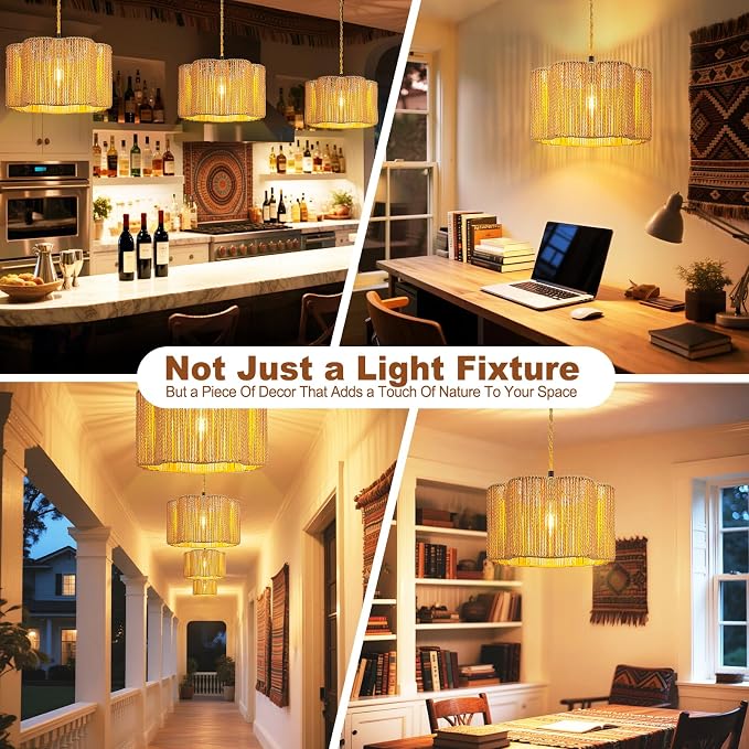 Hanging Lamps Rattan Pendant Light Hanging Lights 16.4ft Plug in Cord Pendant Light Fixture Plug Into Wall Outlet Pendant Lighting with On Off Switch for Bedroom Living (Cylindrical Flower Shade)