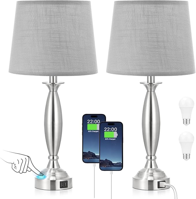 Bedroom Lamps for Nightstand, 3 Way Dimmable Silver Bedside Lamps with USB | Touch, USB C+A Ports, Bulb Included, Gray Shade, Silver, Chrome, Bed Side lamps for Night Stands, Living Room