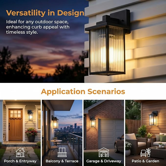 13-Inch Matte Black Outdoor Wall Light, All-Metal Frame Porch Light | Textured Glass Softens Glare, Stays Bright. Waterproof Rust-Resistant Metal. Pre-Assembled DIY Install on Porch, Garage