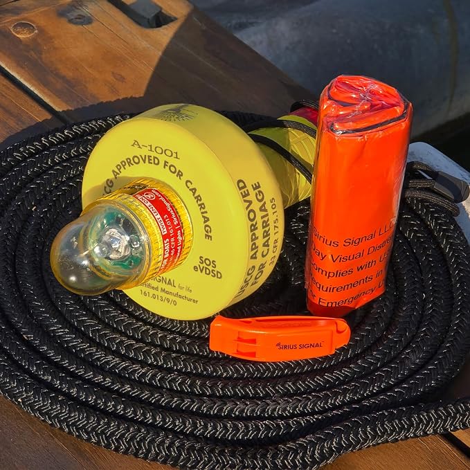 Sirius Signal A-1001 SOS LED Mini Beacon Distress Signal - USCG Approved | Electronic Boat Flare Replacement, Bright White Light + Infrared, Includes Mount, Daytime Flag & Whistle, Storage Handle