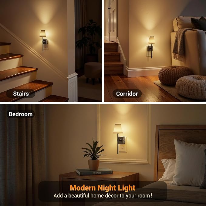 JandCase Night Lights Plug into Wall, 2 Pack Vintage Nightlights | Dusk to Dawn Sensor, 0-100LM Dimmable, Pleated Fabric Beige Lamp for Living Room Bedroom Hallway