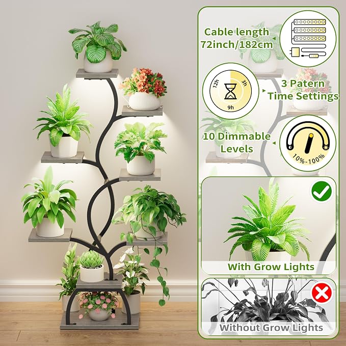Plant Stand Indoor with Grow Light - 8 Tiered Corner Plant Shelf Indoor | 49" Plant Holder with Lights for Indoor Growing, Tall Lighted Flower Stand for Living Room, Balcony, Gray