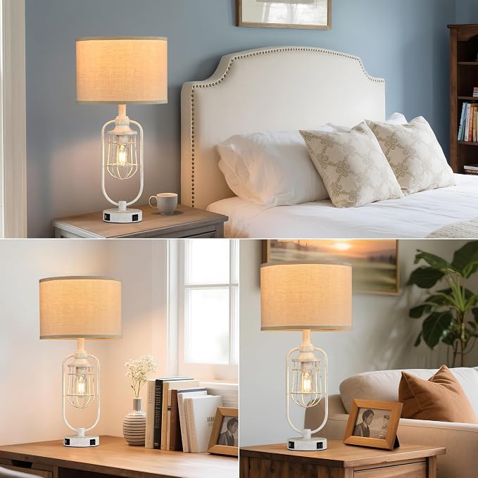 Farmhouse Table Lamps for Living Room Set of 2, Lamps for Night Stands Set of 2, Industrial Bedside Lamps for Bedroom Nightstand with USB A+C, Bulbs Included