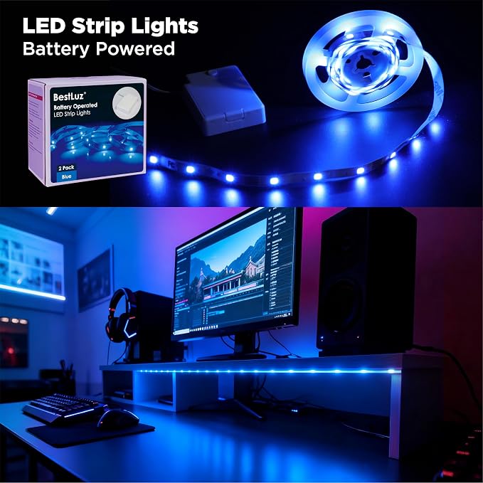 Battery Operated LED Strip Lights 2X 3.33ft Flexible Blue LED Light Strip for Bedroom Room Decor, Battery Powered Lighting for Cabinet Shelf Closet TV Backlight