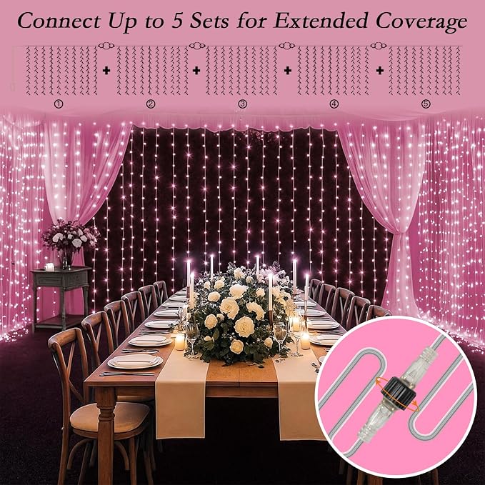 200 LED Pink Curtain String Lights 9.8x6.6FT, Plug in Fairy Lights, 9 Hooks, Dimmable Timer 8 Modes, IP44 Waterproof, Princess Girls Bedroom Wall Wedding Party Birthday Indoor Decor