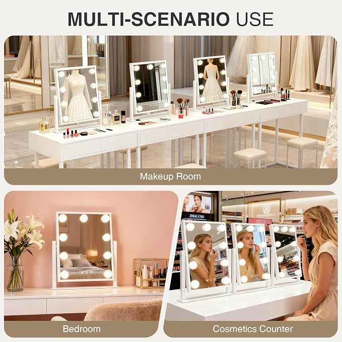 Makeup mirror with lights,Hollywood Vanity Mirror with 9 LED Bulbs，12" x 13.2" Plug in Makeup Mirror for Desk,Smart Touch Control 3Colors Dimmable, light up mirror for makeup,Bedroom,Tabletop,White