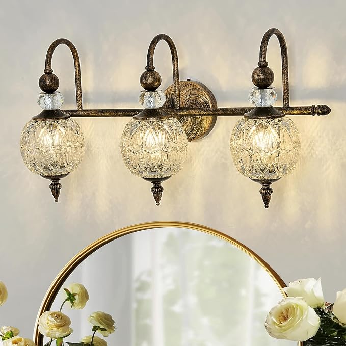 Piepooye Vintage Bathroom Light Fixtures Bronze Vanity Light with Glass Globe LampShade 3 Lights Mid Century G9 Bulb Wall Sconce Indoor Vanity Light Over Mirror for Bedroom Farmhouse Hallway