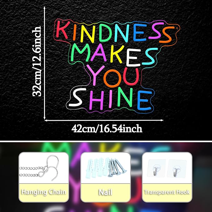 Kindness Makes You Shine Neon Sign Kindness Classroom Neon Light Be Kind LED Light Up Sign for Wall Decor Bedroom Coffee Office Party Home(12.6 * 16.54In)