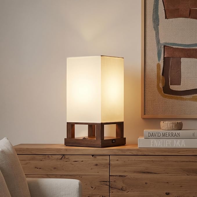 Brightech Maxwell Bedside Lamp with USB Port – Compact Table Lamp for Bedroom, Living Room - Modern Asian Nightstand Lamp with Wood Frame - LED Bulb, Soft Light - Havana Brown