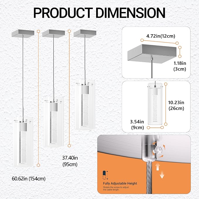 Pendant Lights Kitchen Island, 3 Pack 6500K LED Kitchen Lighting Crystal Island Light with Bubble Glass, Nickel Kitchen Hanging Light Fixture Modern Pendant Ceiling Light Fixture