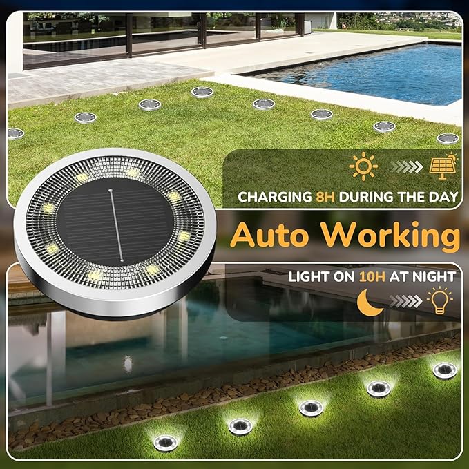 INCX 10Pack Solar Ground Lights Outdoor, 8 LED, IP65 Waterproof, Cold White | 600mAh Ni-MH battery, 8-10h runtime, stainless steel, ABS and PP body, solar garden lights for pathways, lawns and driveways