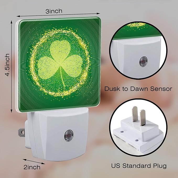 St Patrick's Day Shamrock Night Light Plug into Wall,Green Irish Clover Leaf Dusk to Dawn Night Light Plug in,0.5w Energy Saving Sleep Friendly NightLight for Kids Boys Girls Home Decor
