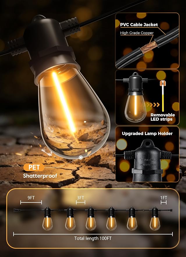 Minetom 100FT Solar String Lights Outdoor Waterproof, S14 Patio Lights | 31+2LED Shatterproof Bulb, Remote Type-C Port Timable, 3 Light Modes Dimmable Solar String Lights for Outside, Yard, Camping