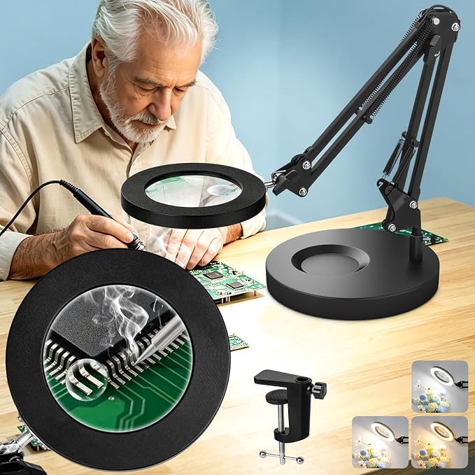 KIRKAS 12X 30X Magnifying Glass with Light and Stand, 2 in 1 LED Desk Lamp | 10 Level Dimmable 3 Color Modes, Lighted Magnifier with Light for Repair, Craft, Sewing, Reading, Close Work - Black