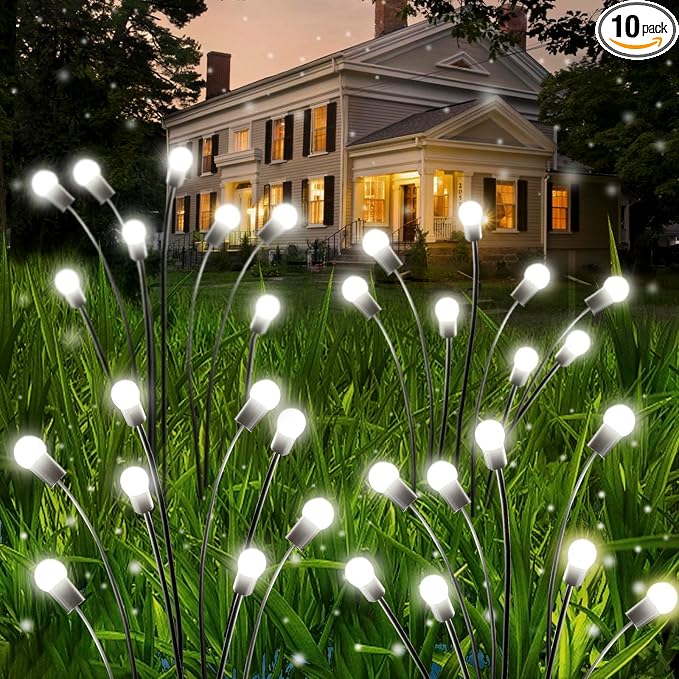 OZS 10 Pack Total 80 LED Solar Firefly Lights Fairy Outdoor - Solar Garden Lights Outdoor, Sway by Wind, Waterproof for Garden Patio Pathway Fairy Decoration (Cool White)