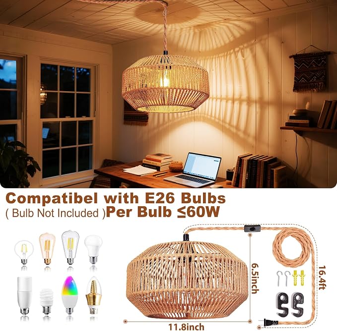 Maliralt Hanging Lamps Rattan Pendant Light Hanging Lights 16.4ft Plug in Cord Pendant Light Fixture Plug Into Wall Outlet Pendant Lighting with On Off Switch for Bedroom Living (Pumpkin Shade)