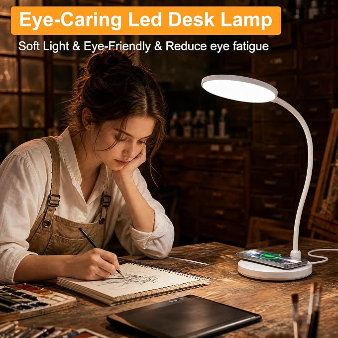 Desk Lamps for Home Office, Wireless Charger 800LM CRI95+ Desk Light, White | Eye-Caring Study Lamp with 3 Color Modes, Dimmable 0-100%, Flexible Neck for Bedside, College Dorm, Adapter Included