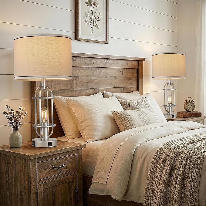 Reaketon Table Lamps for Living Room Set of 2, 22.3" Farmhouse Lamps for Nightstand, Industrial Table Lamps for Bedroom with USB Ports, Bulbs Included
