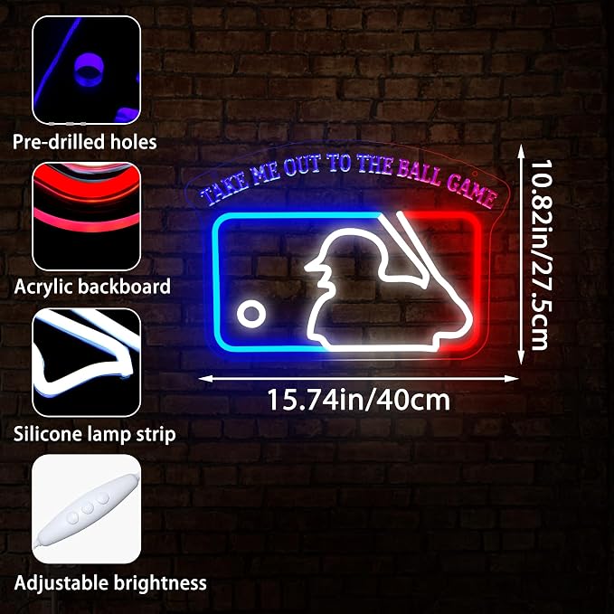 Baseball Neon Sign for Wall Decor Baseball Sport Neon Light for Man Cave | Dimmable Led Neon,Fans Birthday Baseball Gifts,5V USB Powered, Men's Bedroom,Sport Bar Decor,Club,Garage Wall Art,13.7*10.8in