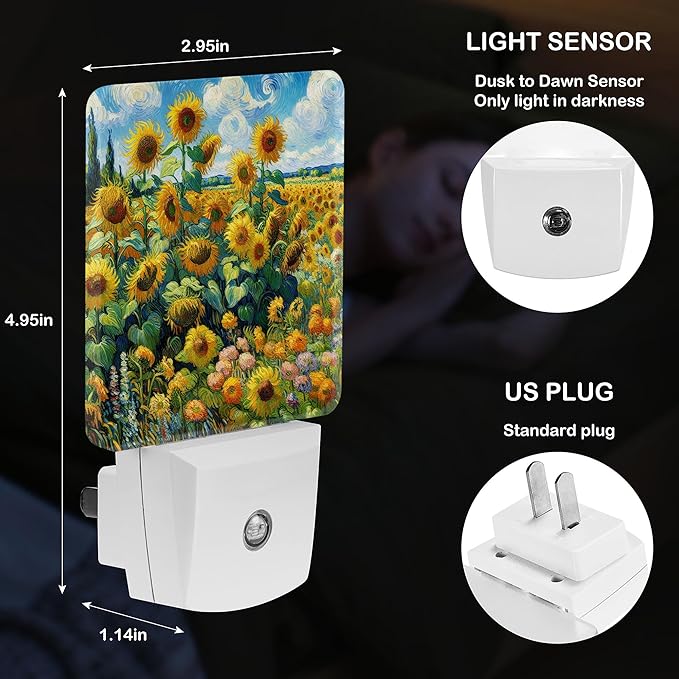 LED Night Light Lamp with Smart Sensor Dusk to Dawn Sensor,Sunflower Field Cypress Trees And Sky With Swirling Clouds Night Light Daylight White,0.5W Plug-into Wall for Adults,Bedroom,Bathroom