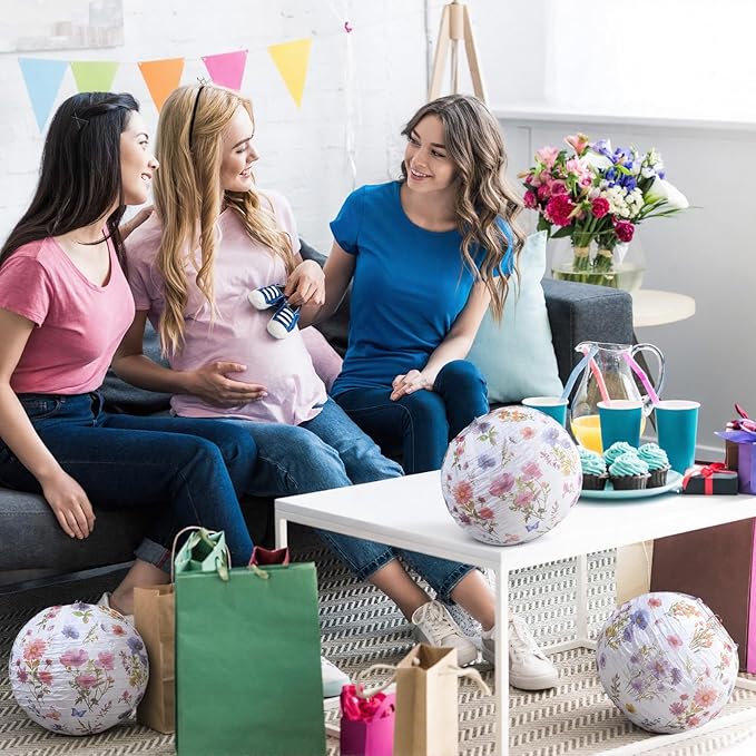 12 Pcs Floral Paper Lanterns Tea Party Decorations Flower Wildflower Spring Birthday Party Decoration Flower 10 Inch Hanging Round Paper Lanterns for Wedding Bridal Shower Baby Shower Decor
