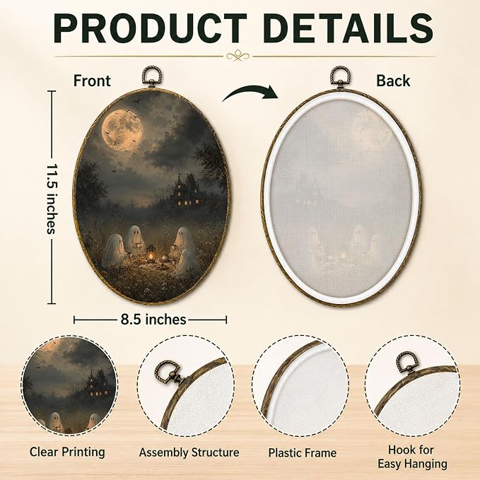 Ghost Tea Party Oval Wall Art, Framed Canvas Decor, 8.5x11.5 Inch | Ghost tea party under full moon, bats, lantern and haunted mansion Halloween decor