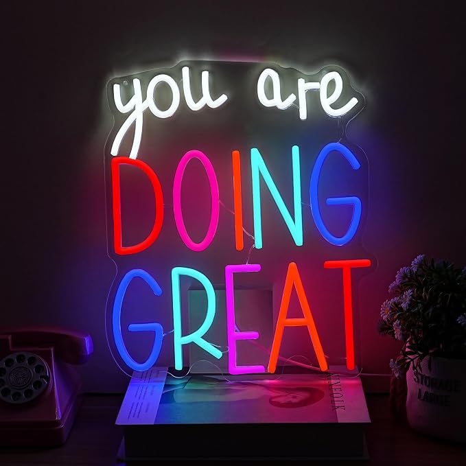 You Are Doing Great Neon Sign Colorful Doing Great Neon LED Light Dimmable Inspirational Letters Light Sign for Wall Decor Living Room Office Club Home(12.6 * 14.96In)
