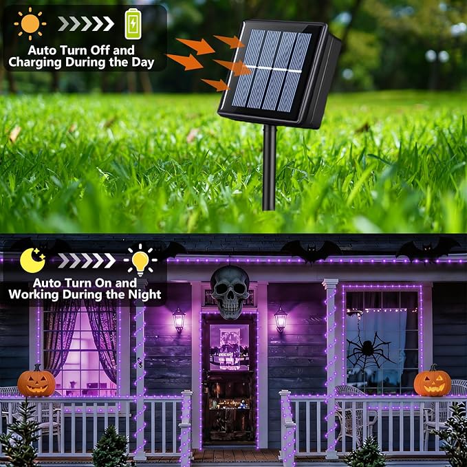 YEGUO Solar Halloween Lights, 2 Packs Each 33ft 100 LED String Lights Outdoor Waterproof, 8 Modes Fairy Lights in Clear Thin Tube for Camping Fence Patio Garden Trampoline Deck(Purple)