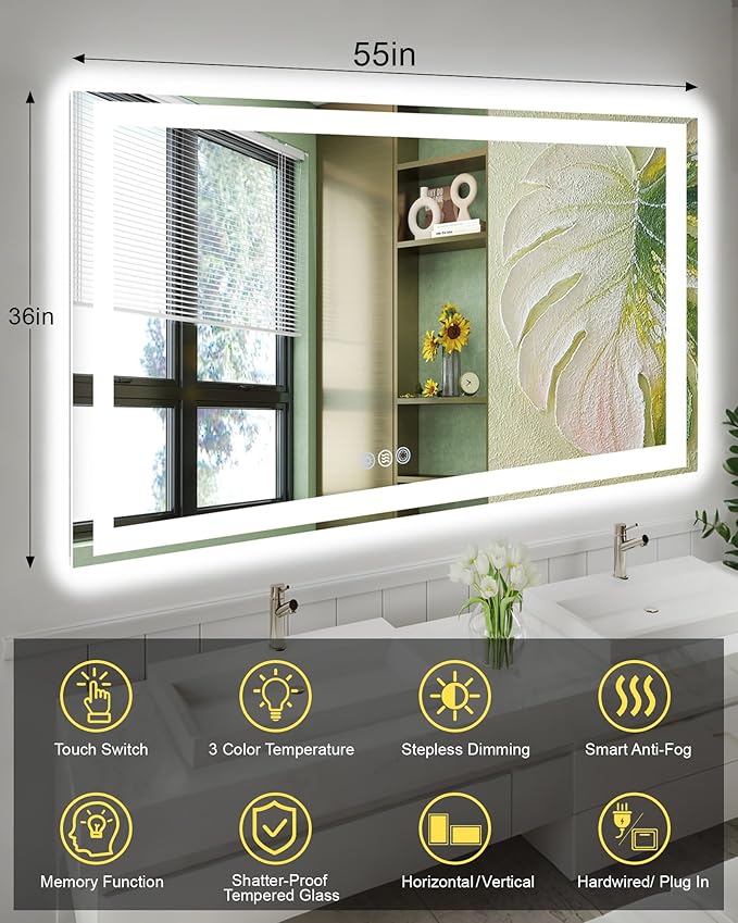 55x36 LED Bathroom Mirror with Lights, Super Bright Front & Backlit Vanity Mirror for Wall, Anti-Fog & Memory Smart Mirror, 5mm Shatter-Proof Tempered Glass, ETL Listed, Vertical/Horizontal